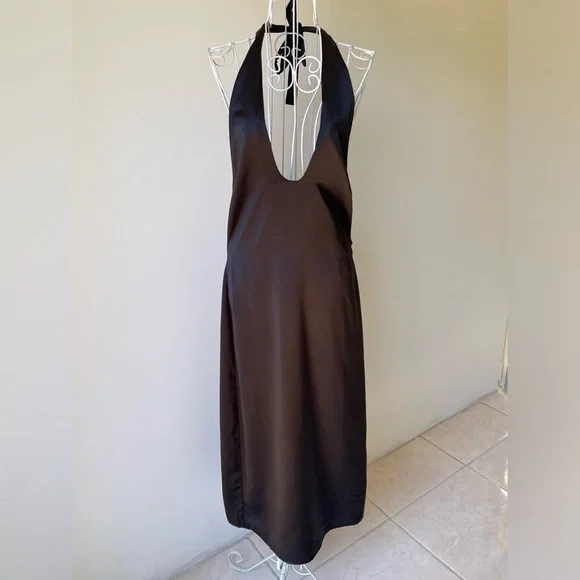Jason Wu Satin Deep U Neck Halter Midi Dress back slit zip black size M - Picture 3 of 11